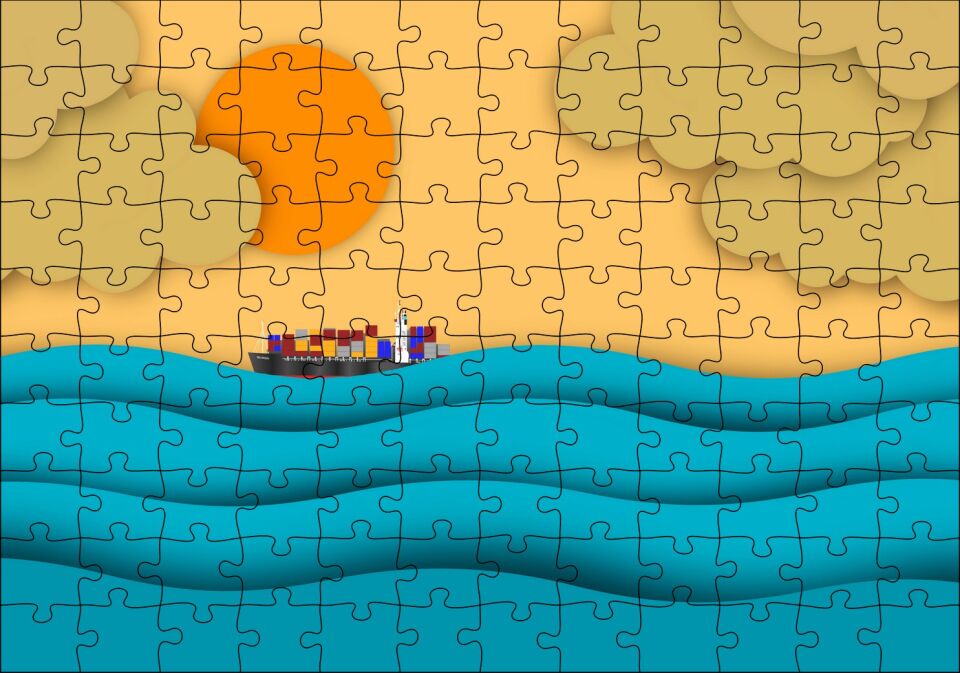 Mavi Dalgalar Yük Gemisi Güneş ve Bulutlar Puzzle Yapboz MDF Ahşap