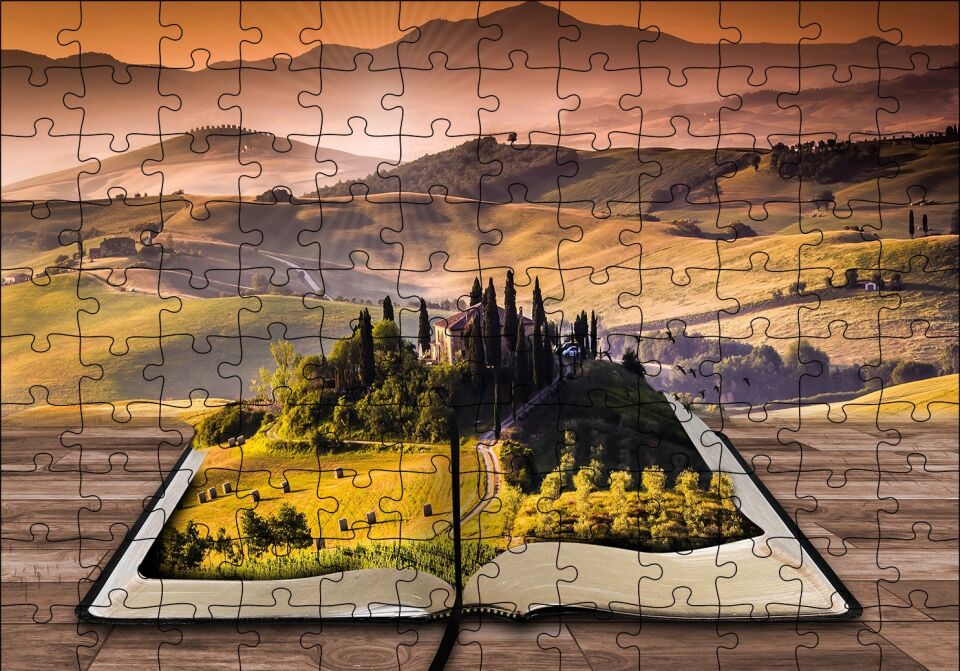 Açık Kitap Fantezi Tepeler Puzzle Yapboz MDF Ahşap