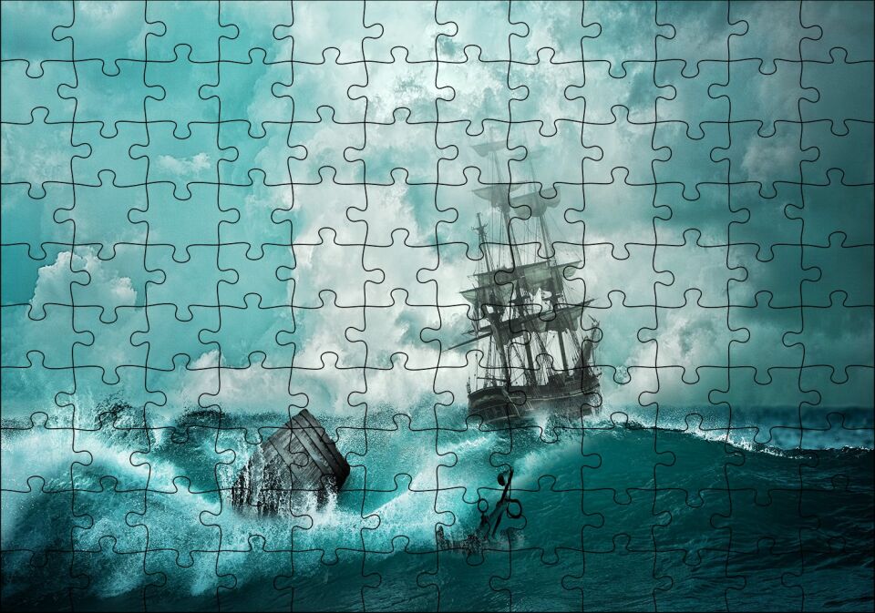 Dalgalar Arasında Gulet ve Bulutlu Gökler Puzzle Yapboz MDF Ahşap 120 Parça 24 cm X 34 cm
