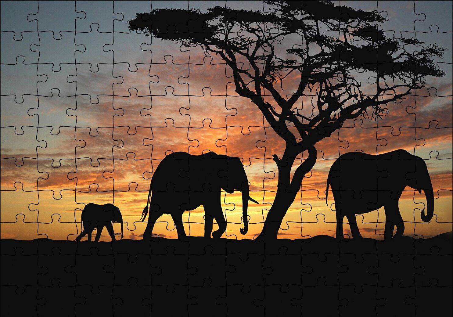 Afrika Günbatımı'nda Filler Puzzle Yapboz MDF Ahşap