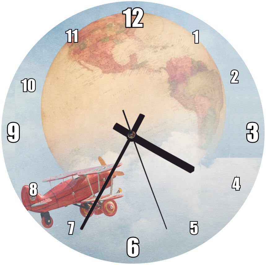 Yerküre ve Kırmızı Pırpır Uçak Mdf Ahşap Duvar Saati
