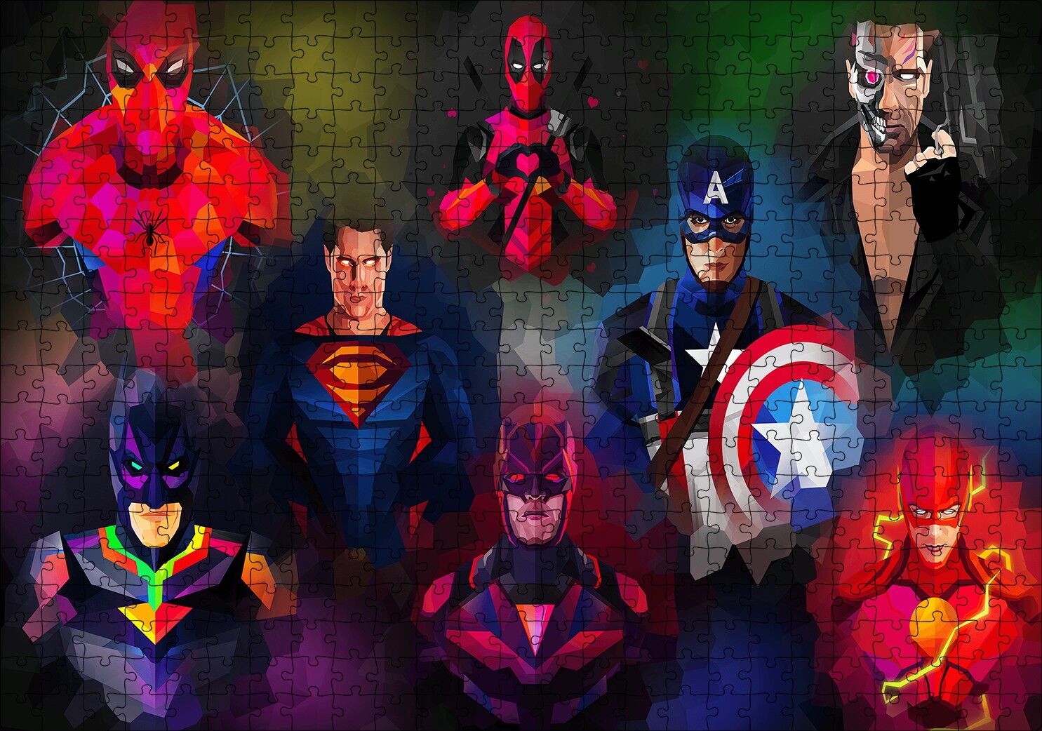 Süper Kahramanlar Low Poly Çizim Puzzle Yapboz MDF Ahşap 500 Parça 49 cm X 68 cm