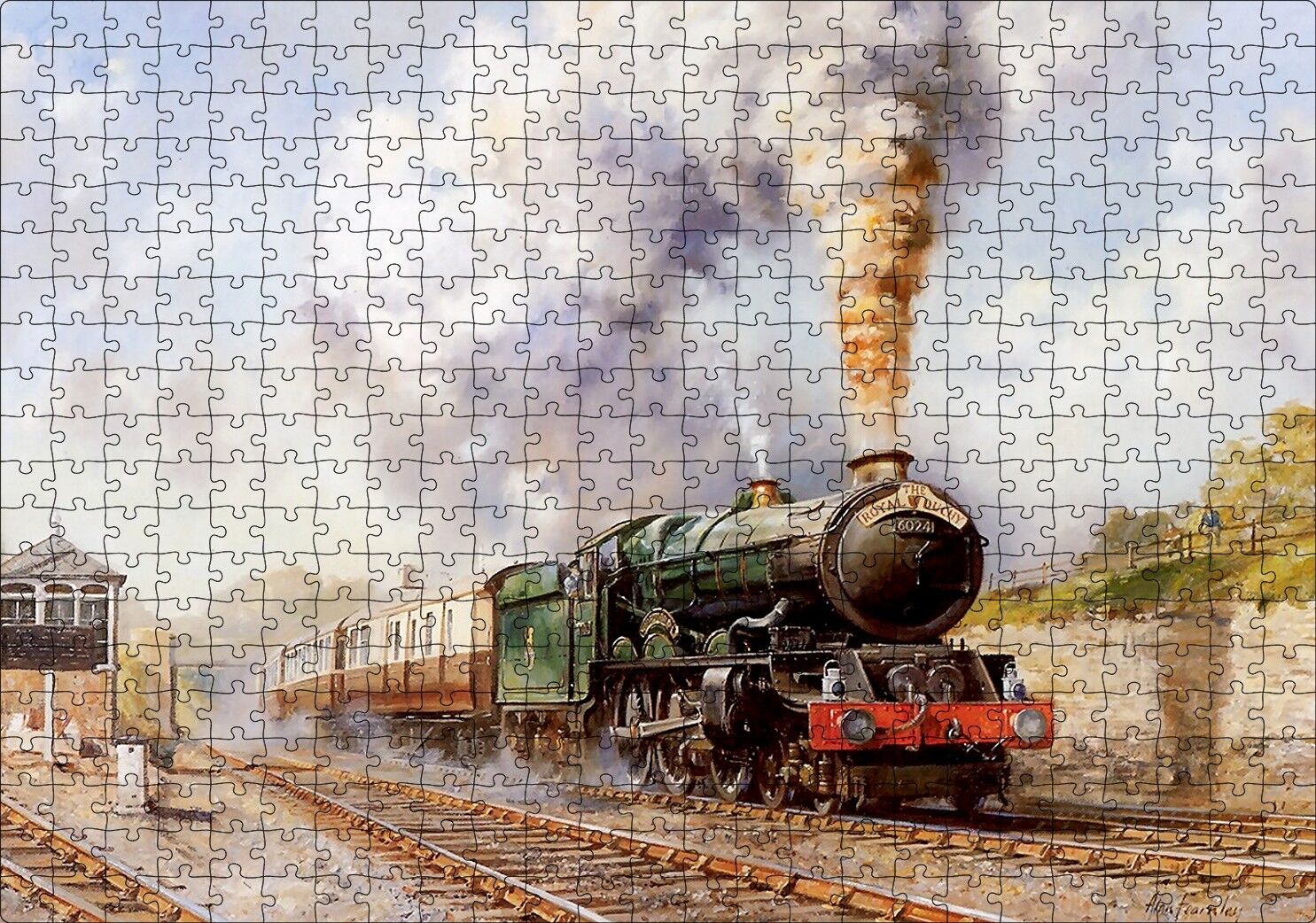 Buharlı Tren Yağlı  Boya Çizim Puzzle Yapboz MDF Ahşap 500 Parça 49 cm X 68 cm