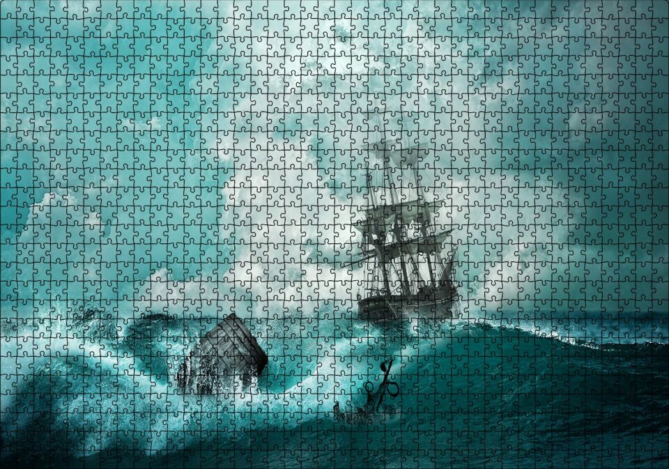 Dalgalar Arasında Gulet ve Bulutlu Gökler Puzzle Yapboz MDF Ahşap 1000 Parça 49 cm X 68 cm