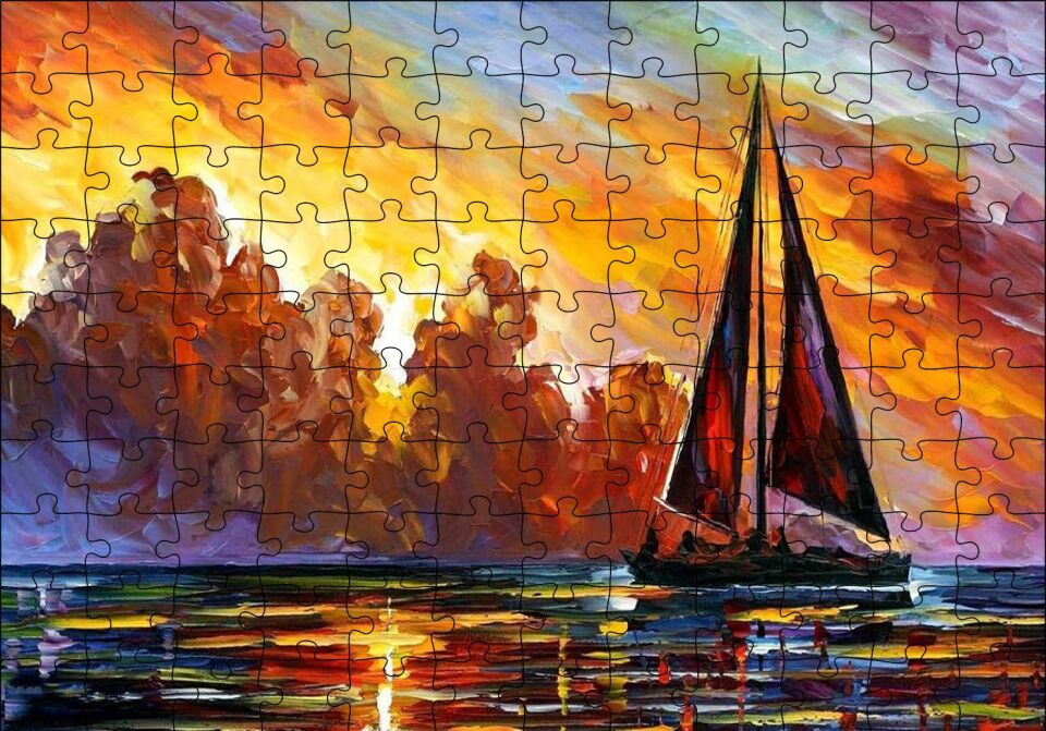 Günbatımı Kızıl Bulutlar ve Yelkenli Yağlı Boya Puzzle Yapboz MDF Ahşap 120 Parça 24 cm X 34 cm
