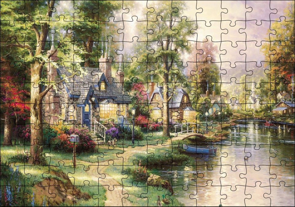 Nehir Boyama Manzara Kahverengi ve Mavi Evler Puzzle Yapboz MDF Ahşap