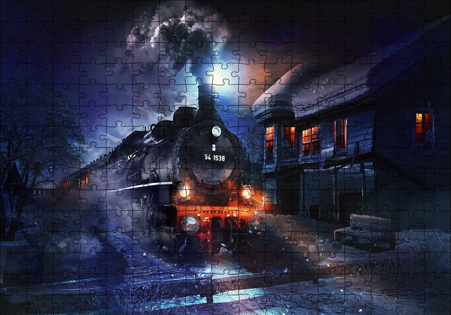 Gece ve Buharlı Tren Puzzle Yapboz MDF Ahşap 255 Parça 34 cm X 49 cm