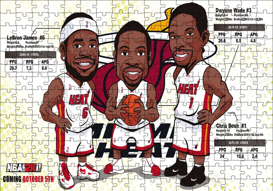NBA Lebron Dwyane Chris Karikatürize Puzzle Yapboz MDF Ahşap 255 Parça 34 cm X 49 cm