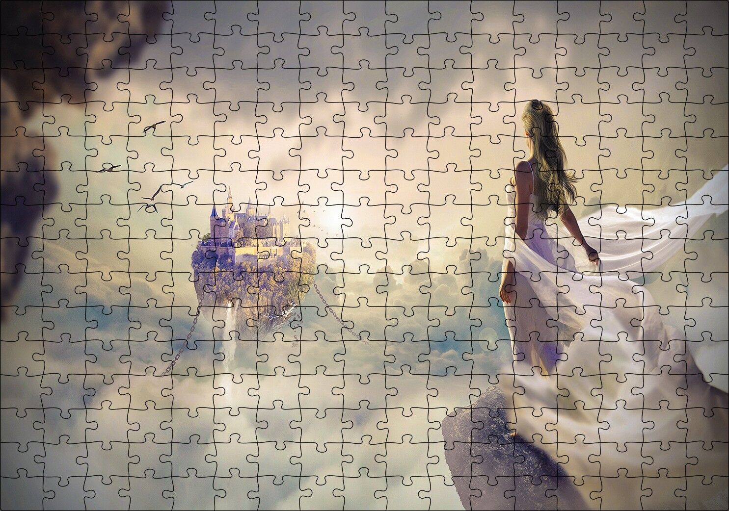 Bulutlar Üzerindeki Ülke ve Fantastik Kadın Puzzle Yapboz MDF Ahşap 255 Parça 34 cm X 49 cm