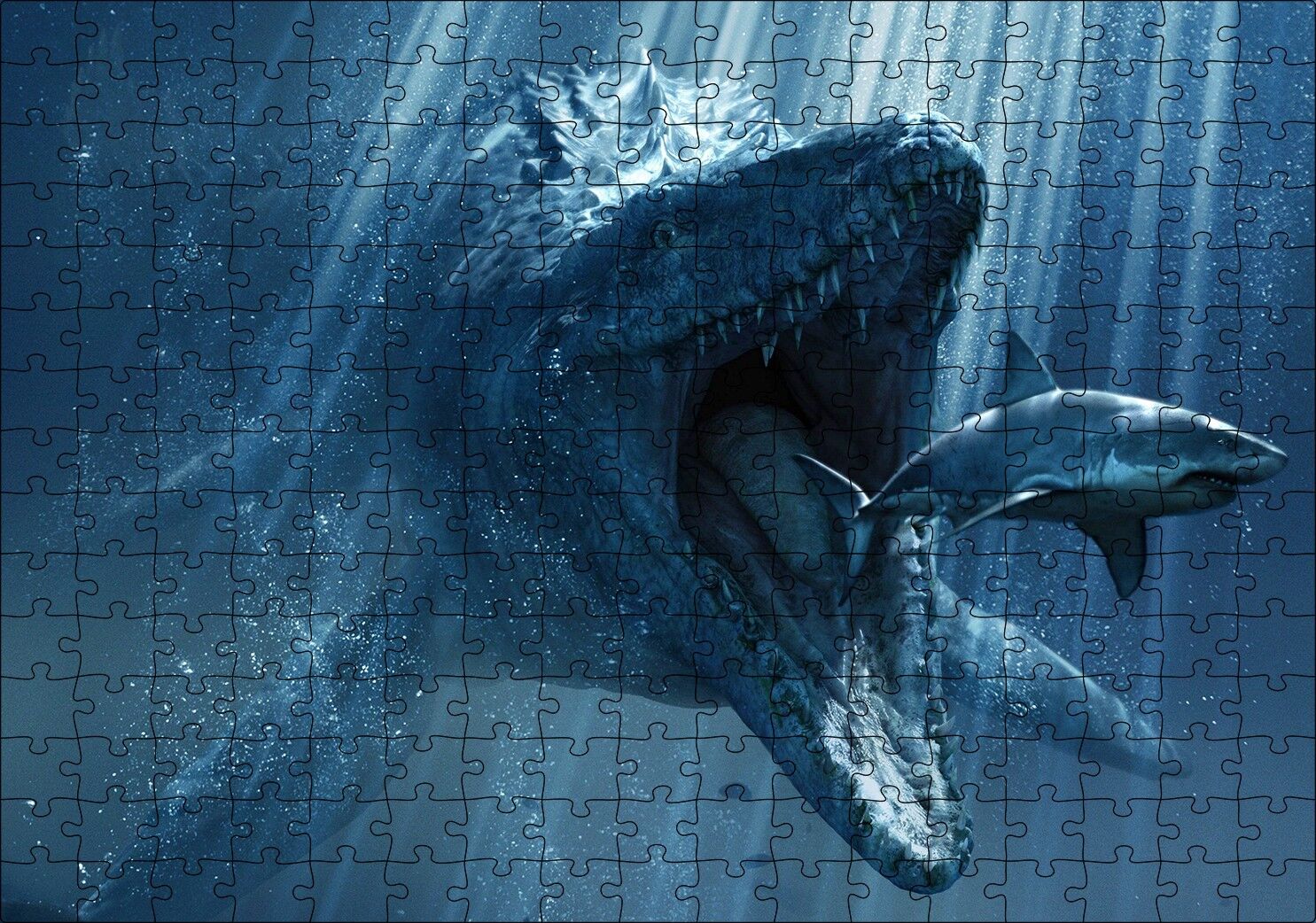 Jurassic World Megalodon ve Büyük Beyaz Köpek Balığı Puzzle Yapboz MDF Ahşap 255 Parça 34 cm X 49 cm