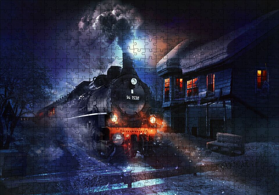 Gece ve Buharlı Tren Puzzle Yapboz MDF Ahşap 500 Parça 49 cm X 68 cm