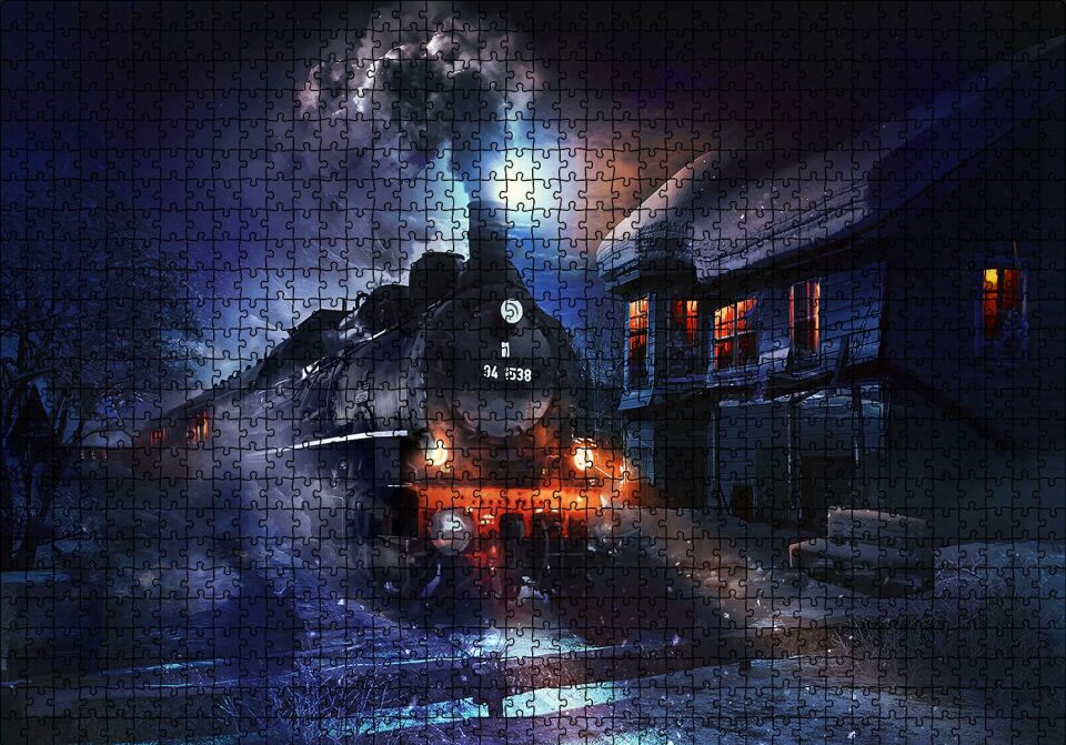 Gece ve Buharlı Tren Puzzle Yapboz MDF Ahşap 1000 Parça 49 cm X 68 cm