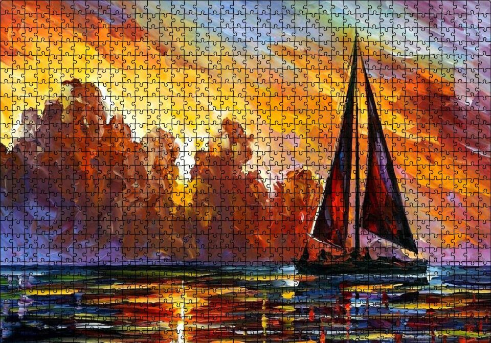 Günbatımı Kızıl Bulutlar ve Yelkenli Yağlı Boya Puzzle Yapboz MDF Ahşap 1000 Parça 49 cm X 68 cm