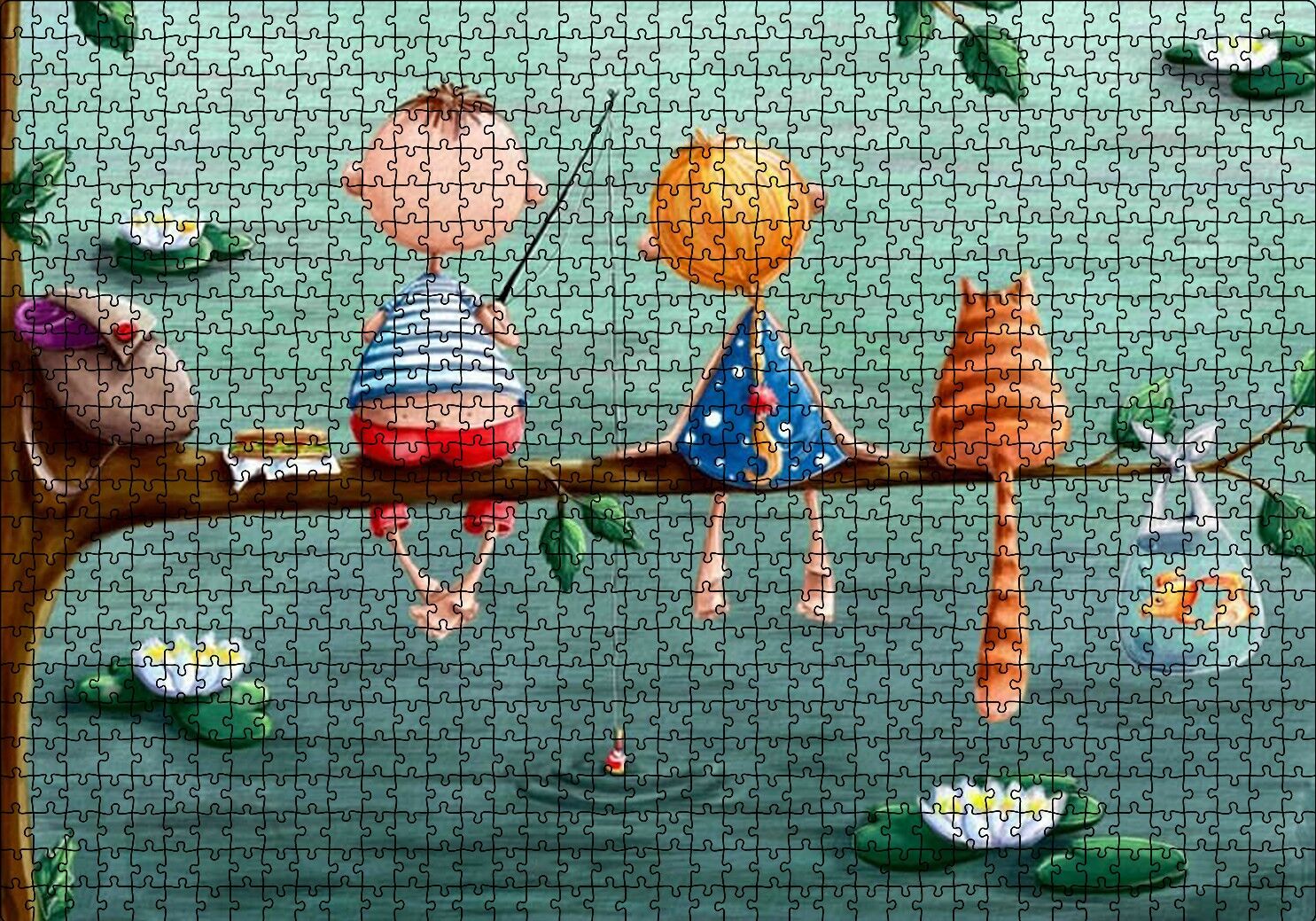 Dalda Balık Tutan Çocuklar ve Kedi İllüstrasyon Puzzle Yapboz MDF Ahşap 1000 Parça 49 cm X 68 cm