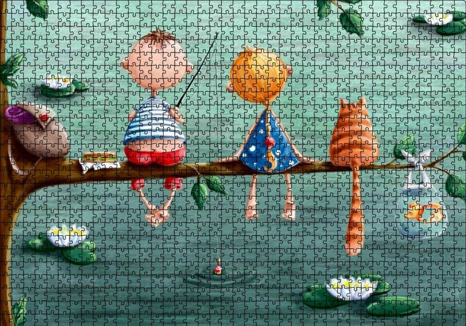 Dalda Balık Tutan Çocuklar ve Kedi İllüstrasyon Puzzle Yapboz MDF Ahşap 1000 Parça 49 cm X 68 cm