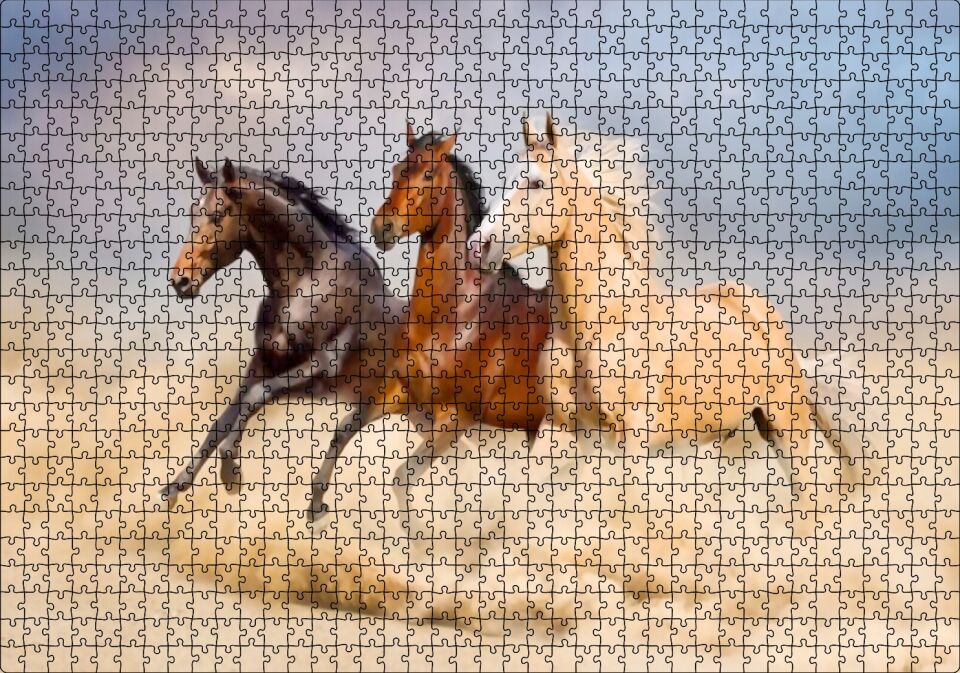 Kahve Renk Tonlarındaki Üç At Görseli Puzzle Yapboz MDF Ahşap 1000 Parça 49 cm X 68 cm