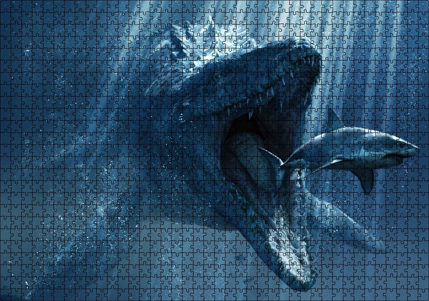 Jurassic World Megalodon ve Büyük Beyaz Köpek Balığı Puzzle Yapboz MDF Ahşap 1000 Parça 49 cm X 68 cm