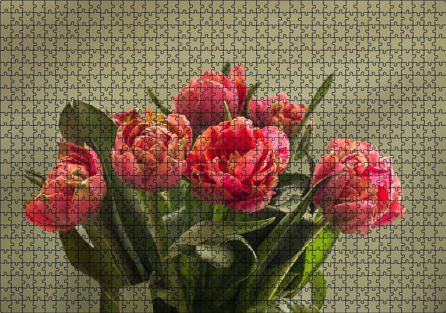 Kırmızı Laleler ve Yeşil Yaprakları Puzzle Yapboz MDF Ahşap 1000 Parça 49 cm X 68 cm