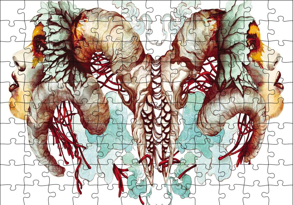 İki Çift Boynuzlu Yüz Puzzle Yapboz MDF Ahşap 120 Parça 24 cm X 34 cm