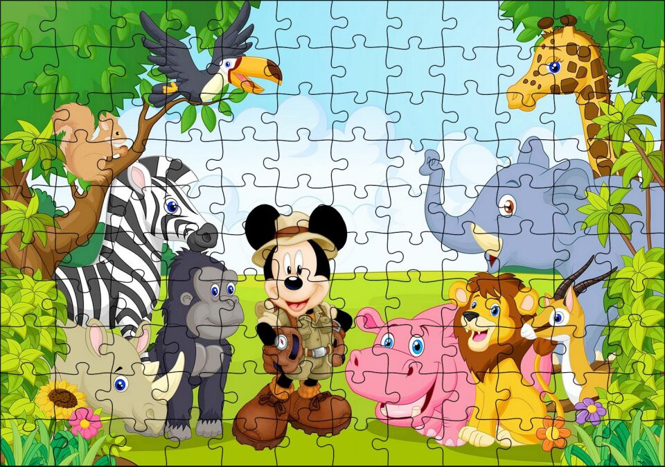 Ormandaki Arkadaşlarla Mickey Mouse Safari Görseli Puzzle Yapboz MDF Ahşap