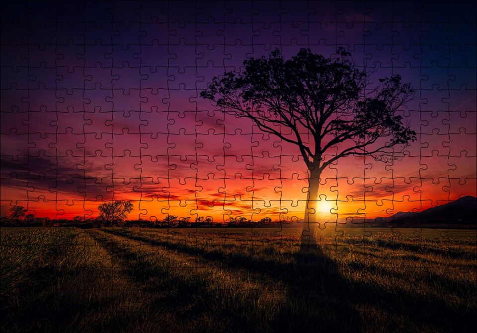 Günbatımı Çayırlar ve Yalnız Ağaç Puzzle Yapboz MDF Ahşap 255 Parça 34 cm X 49 cm