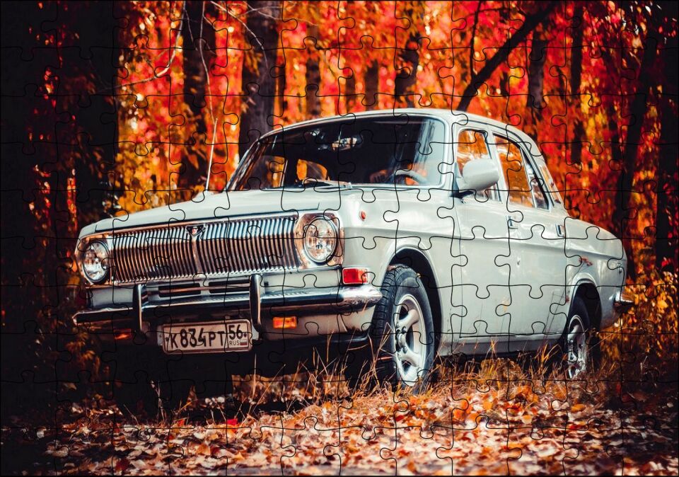 Otomobil Sonbahar Yaprakları Ağaçlar Puzzle Yapboz MDF Ahşap