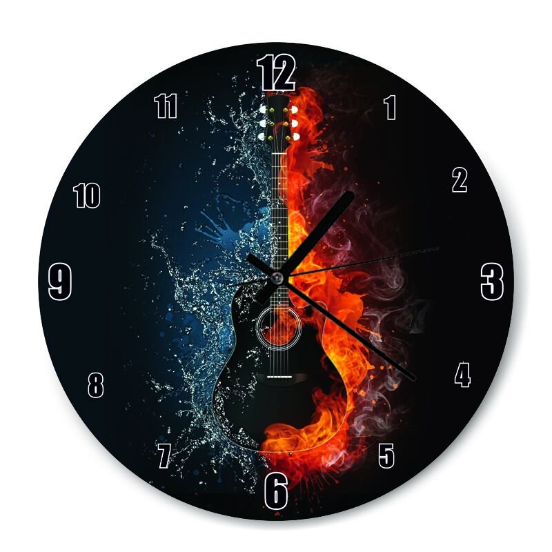 Alevli Buzlu Gitar  Mdf Ahşap Duvar Saati 30 cm Çap