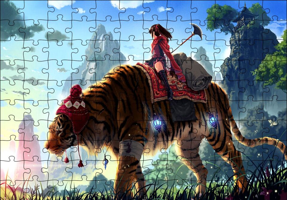 Anime Kız ve Dev Kaplan Puzzle Yapboz MDF Ahşap