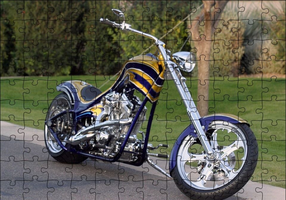 Altın ve Lacivert Chopper Motorsiklet Puzzle Yapboz MDF Ahşap