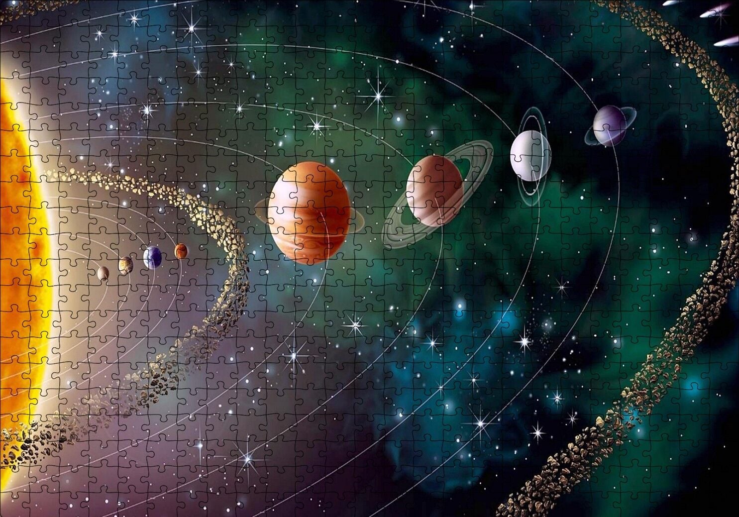 Güneş Sistemi ve Yörüngede Gezegenler Puzzle Yapboz MDF Ahşap 500 Parça 49 cm X 68 cm