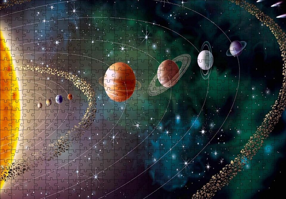 Güneş Sistemi ve Yörüngede Gezegenler Puzzle Yapboz MDF Ahşap 500 Parça 49 cm X 68 cm