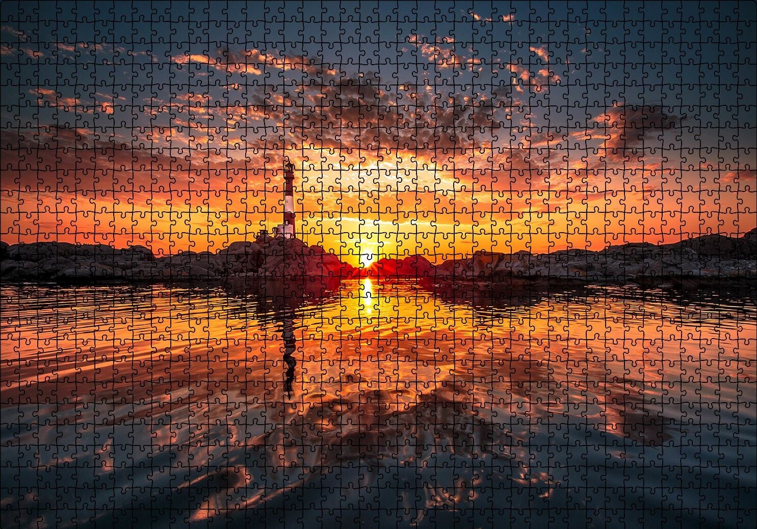 Günbatımı Deniz Feneri Kayalıklar ve Bulutlar Puzzle Yapboz MDF Ahşap 1000 Parça 49 cm X 68 cm