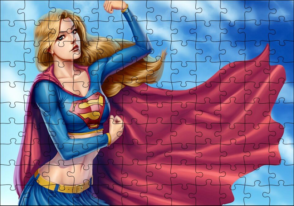 Pelerinli Güçlü Süper Kız Görseli Puzzle Yapboz MDF Ahşap