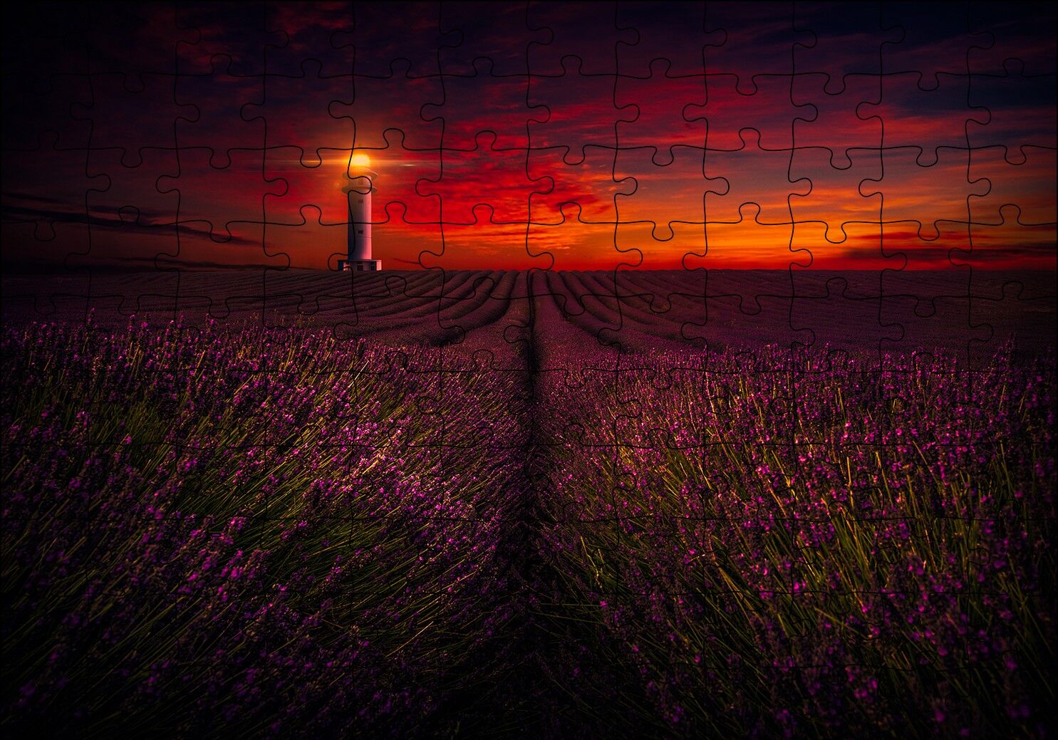 Günbatımı Deniz Feneri ve Lavanta Tarlası Puzzle Yapboz MDF Ahşap 120 Parça 24 cm X 34 cm