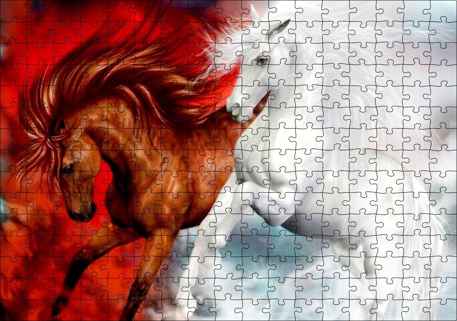 Kahverengi At Kızıl Zemin Beyaz At Beyaz Zemin Puzzle Yapboz MDF Ahşap 255 Parça 34 cm X 49 cm