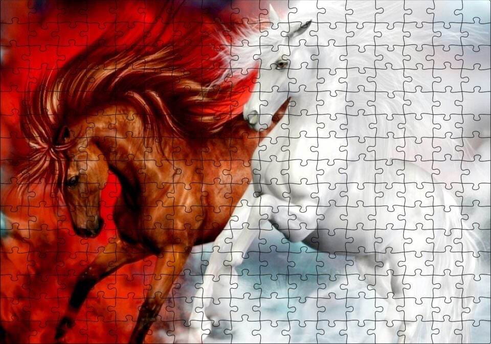 Kahverengi At Kızıl Zemin Beyaz At Beyaz Zemin Puzzle Yapboz MDF Ahşap 255 Parça 34 cm X 49 cm