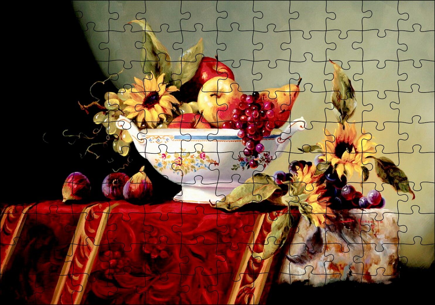 Seramik Tabakta Taze Meyveler ve Çiçekler Puzzle Yapboz MDF Ahşap