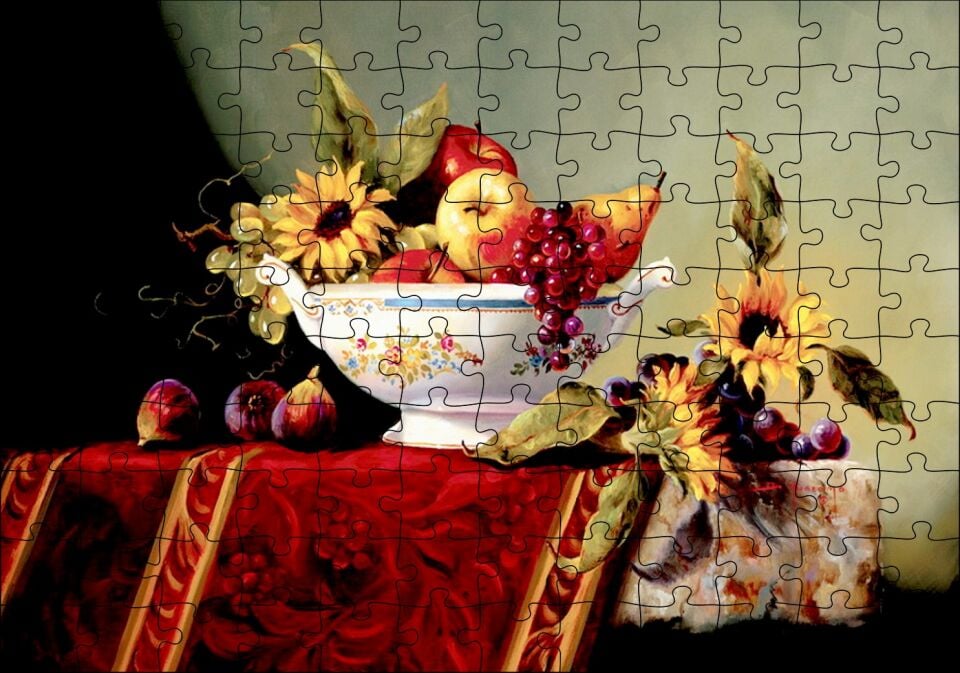 Seramik Tabakta Taze Meyveler ve Çiçekler Puzzle Yapboz MDF Ahşap