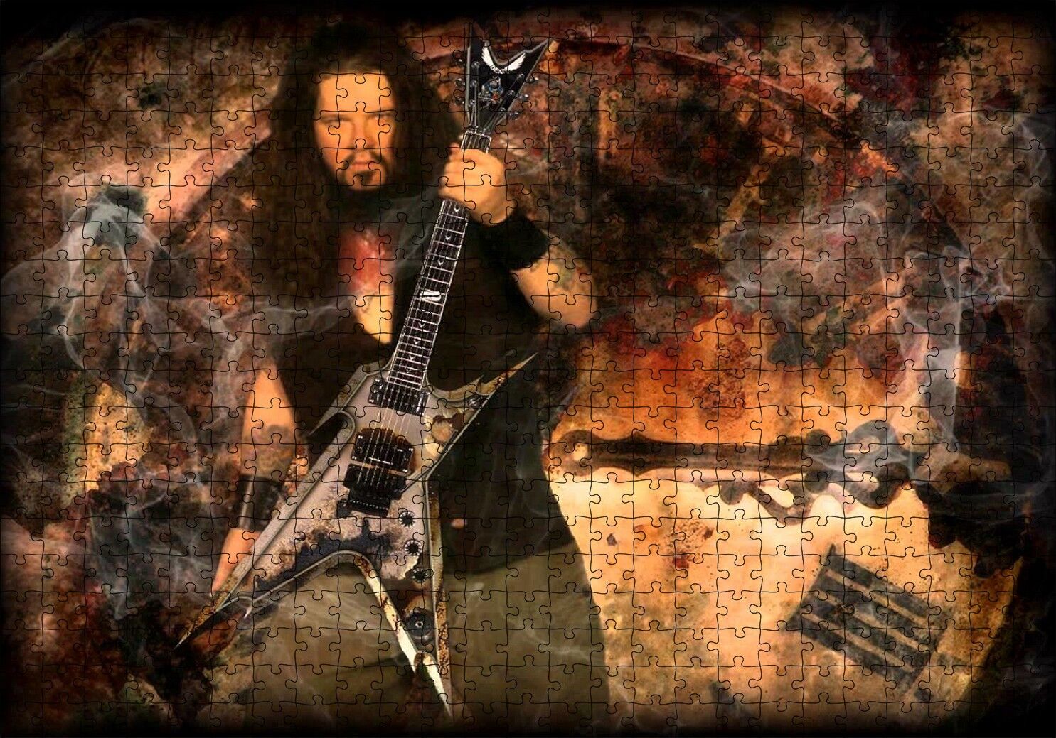 Dimebag Darrell Gitarı ve Arka Planda Dev Saat Puzzle Yapboz MDF Ahşap 500 Parça 49 cm X 68 cm