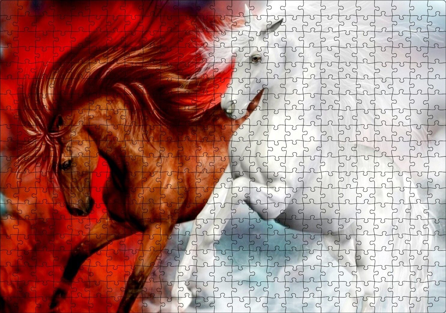 Kahverengi At Kızıl Zemin Beyaz At Beyaz Zemin Puzzle Yapboz MDF Ahşap 500 Parça 49 cm X 68 cm