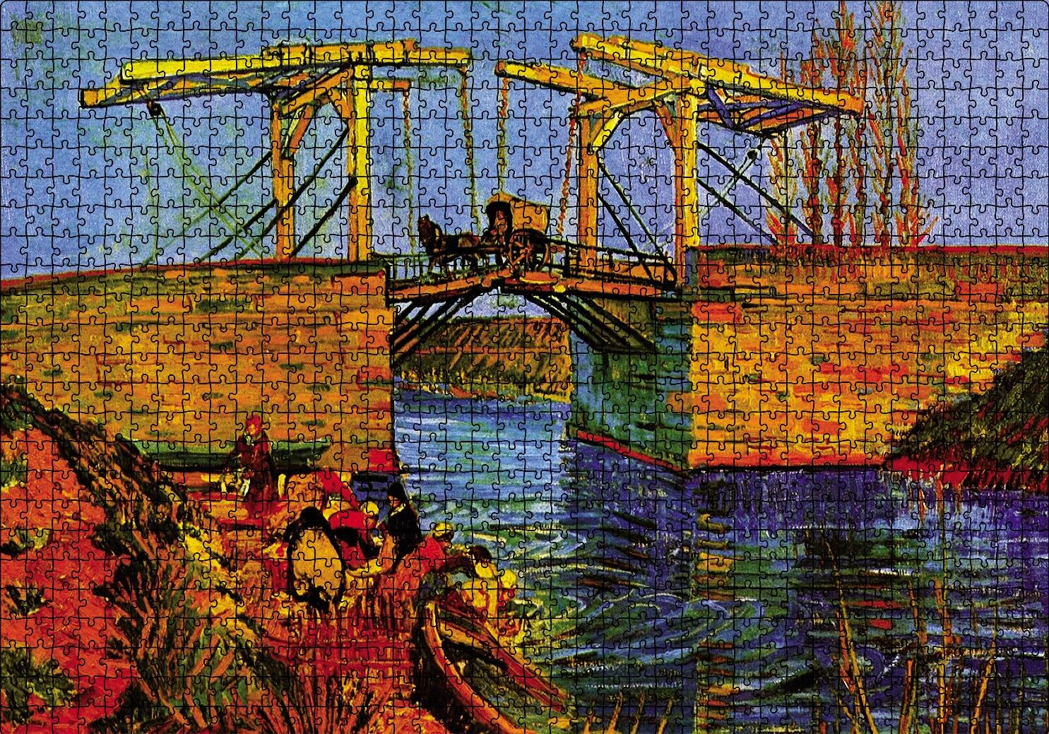Nehir Çamaşır Yıkayan Kadınlar ve Köprü Puzzle Yapboz MDF Ahşap 1000 Parça 49 cm X 68 cm
