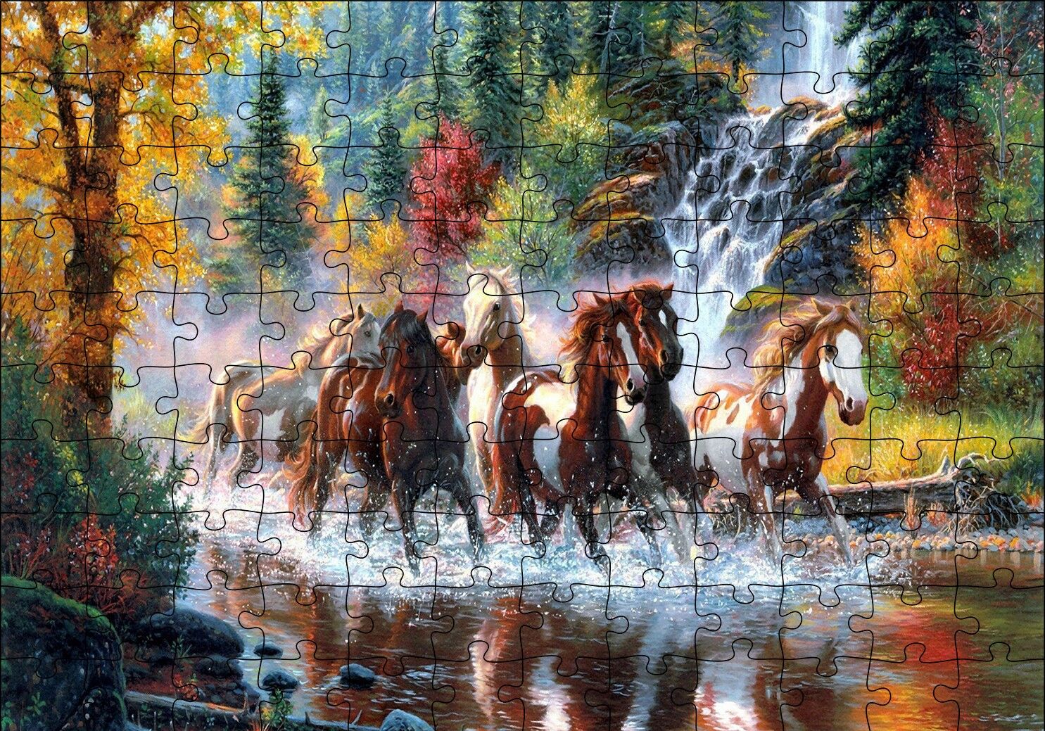 Nehirde Koşan Yaban Atları Puzzle Yapboz MDF Ahşap 120 Parça 24 cm X 34 cm