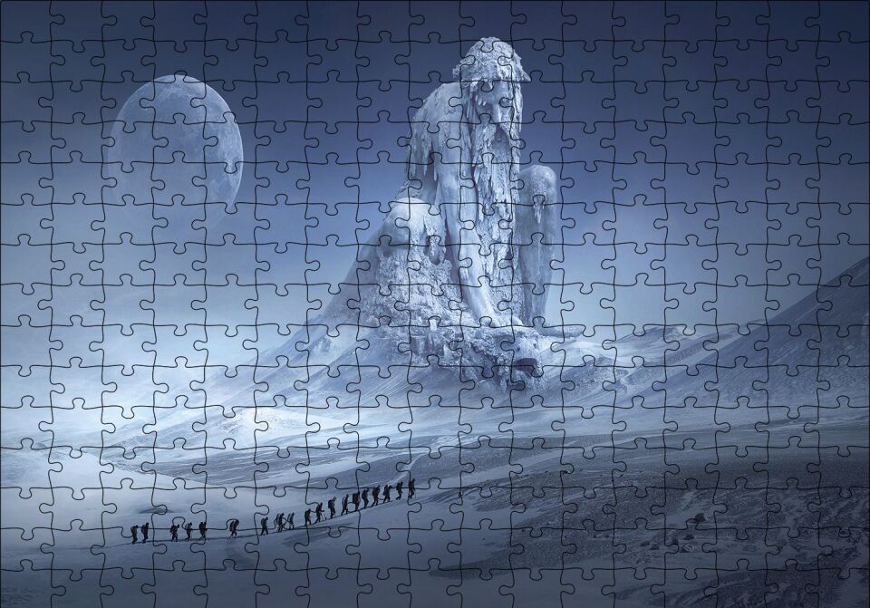 Fantastik Heykel ve Dağcılar Puzzle Yapboz MDF Ahşap 255 Parça 34 cm X 49 cm