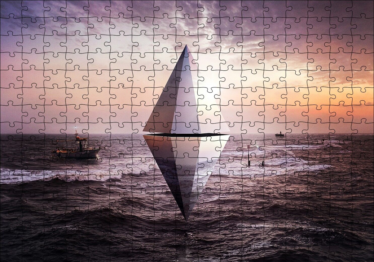 Günbatımı Deniz Kristal Üçgen 3D Puzzle Yapboz MDF Ahşap 255 Parça 34 cm X 49 cm