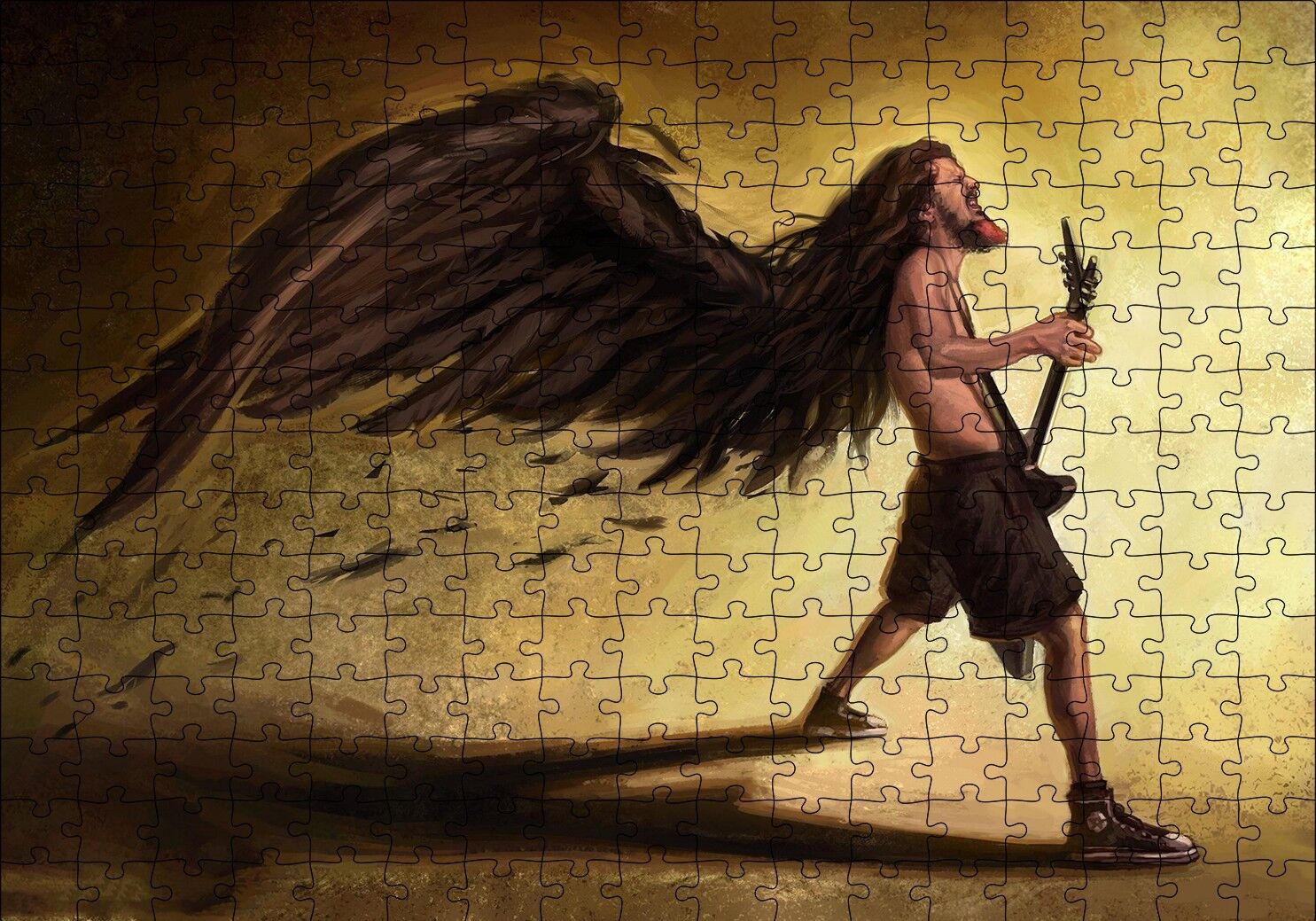 Elektrogitar Çalan Adam Karikatürize Puzzle Yapboz MDF Ahşap 255 Parça 34 cm X 49 cm