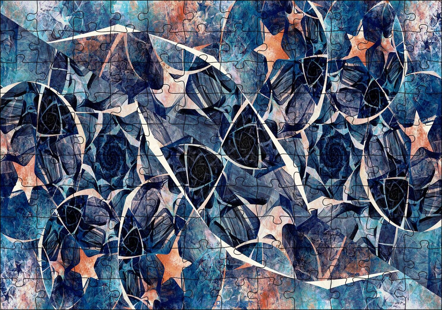 Siyah Daireler ve Turuncu Yıldızlar Kompozisyon Puzzle Yapboz MDF Ahşap