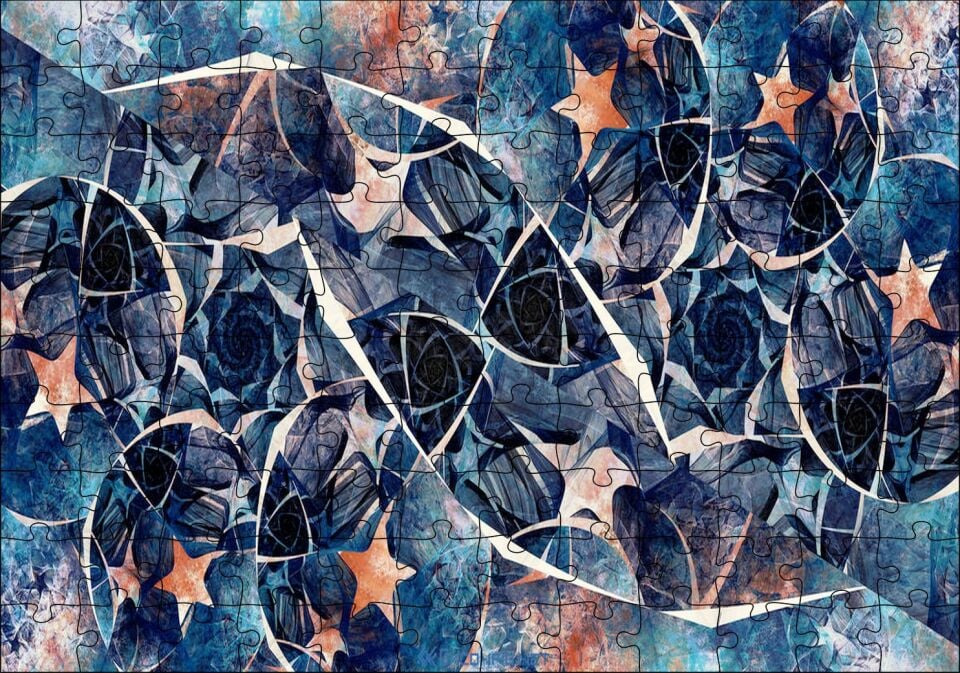 Siyah Daireler ve Turuncu Yıldızlar Kompozisyon Puzzle Yapboz MDF Ahşap