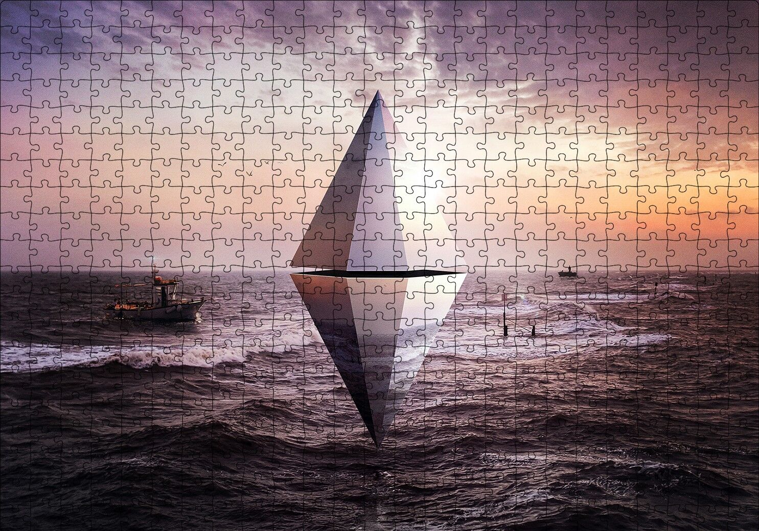 Günbatımı Deniz Kristal Üçgen 3D Puzzle Yapboz MDF Ahşap 500 Parça 49 cm X 68 cm
