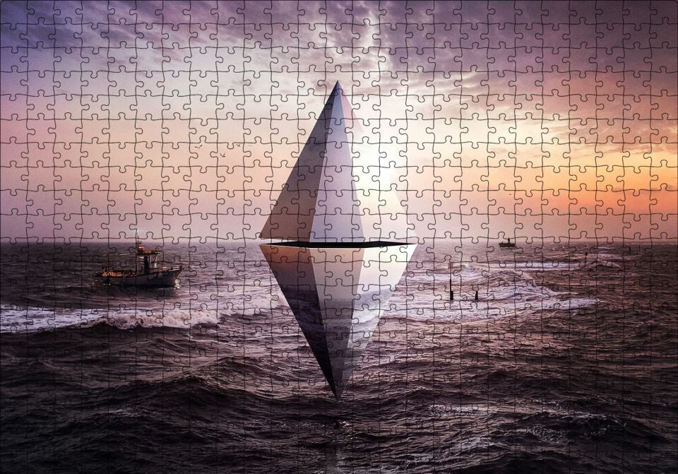Günbatımı Deniz Kristal Üçgen 3D Puzzle Yapboz MDF Ahşap 500 Parça 49 cm X 68 cm