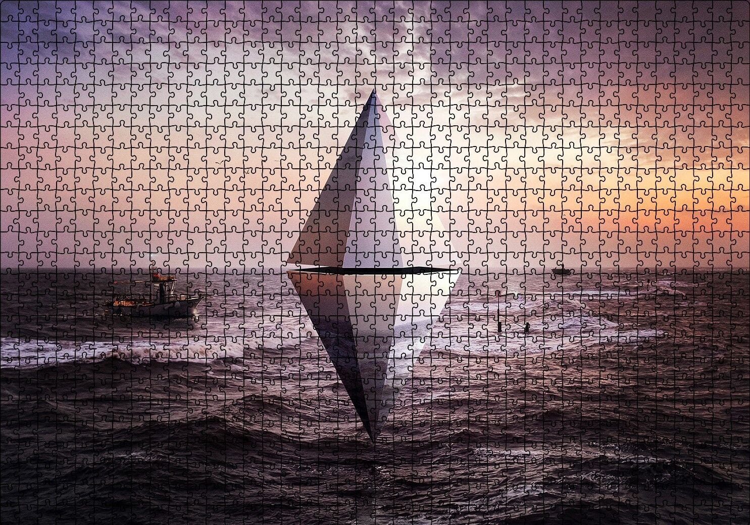Günbatımı Deniz Kristal Üçgen 3D Puzzle Yapboz MDF Ahşap 1000 Parça 49 cm X 68 cm